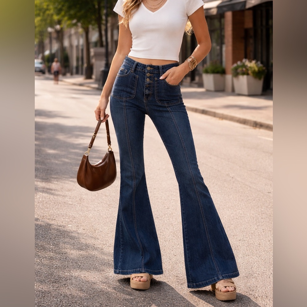 High Waisted Bell Bottom Jeans Button Fly Flare Leg 70s Style